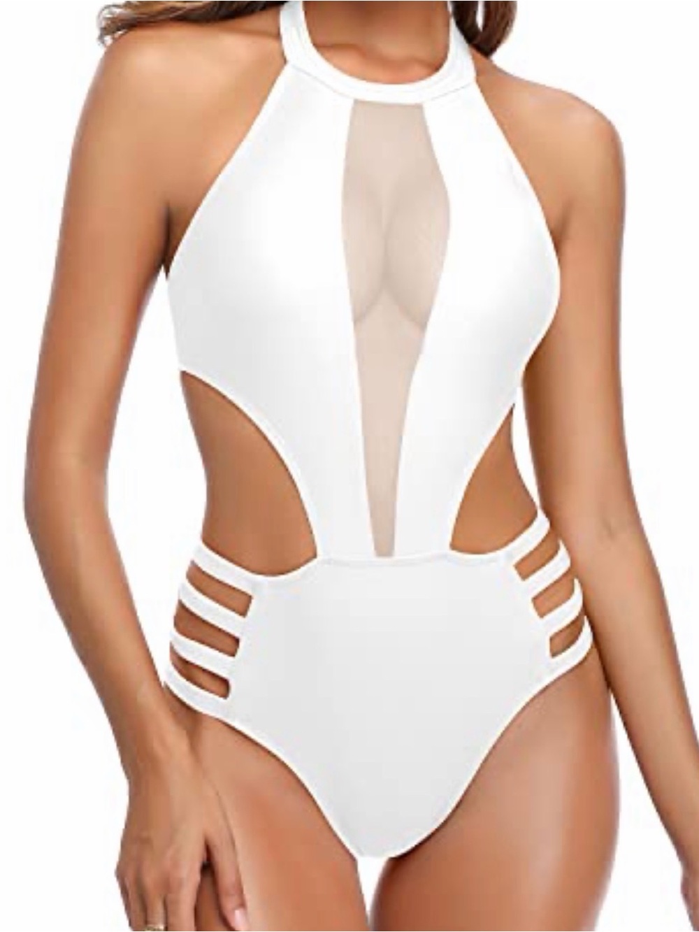 New ⭐️ women's med White Strappy High-Neck One-Piece Swimsuit monokini